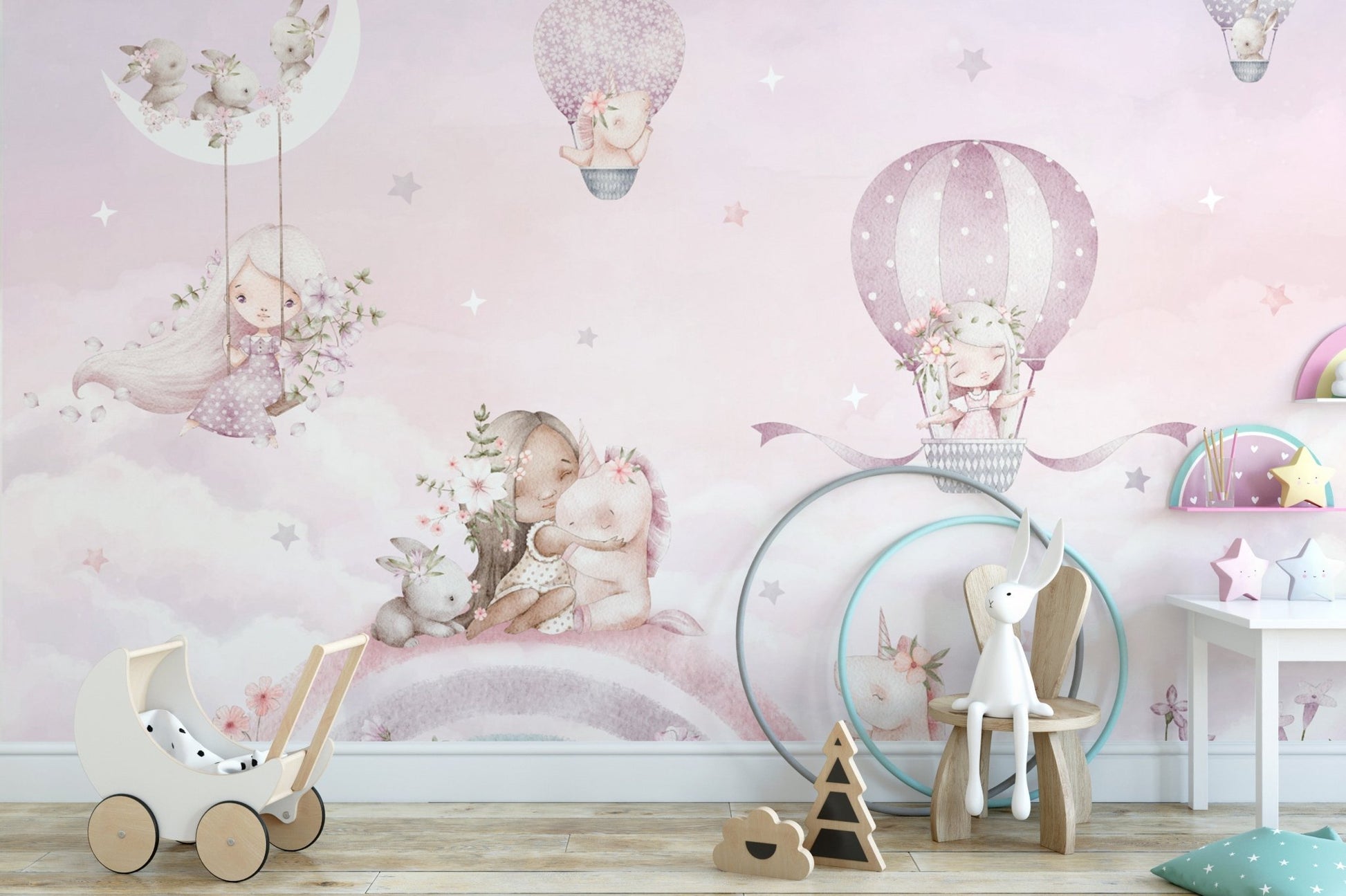 Pastel unicorns and balloons wall mural
