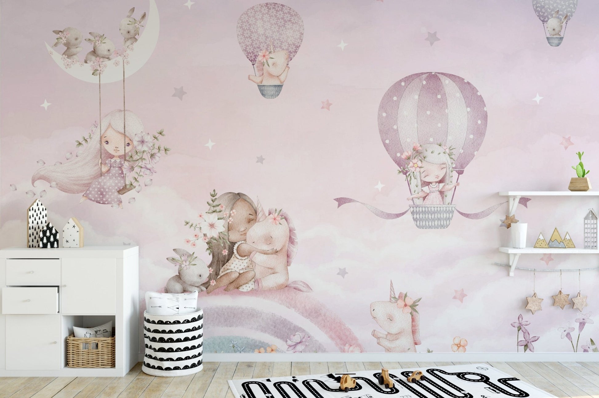 Dreamy unicorns and balloons girls wallpaper
