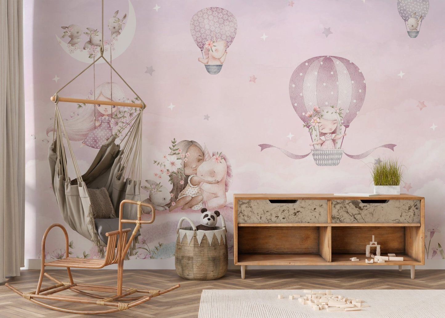 Floating unicorns and balloons wall covering
