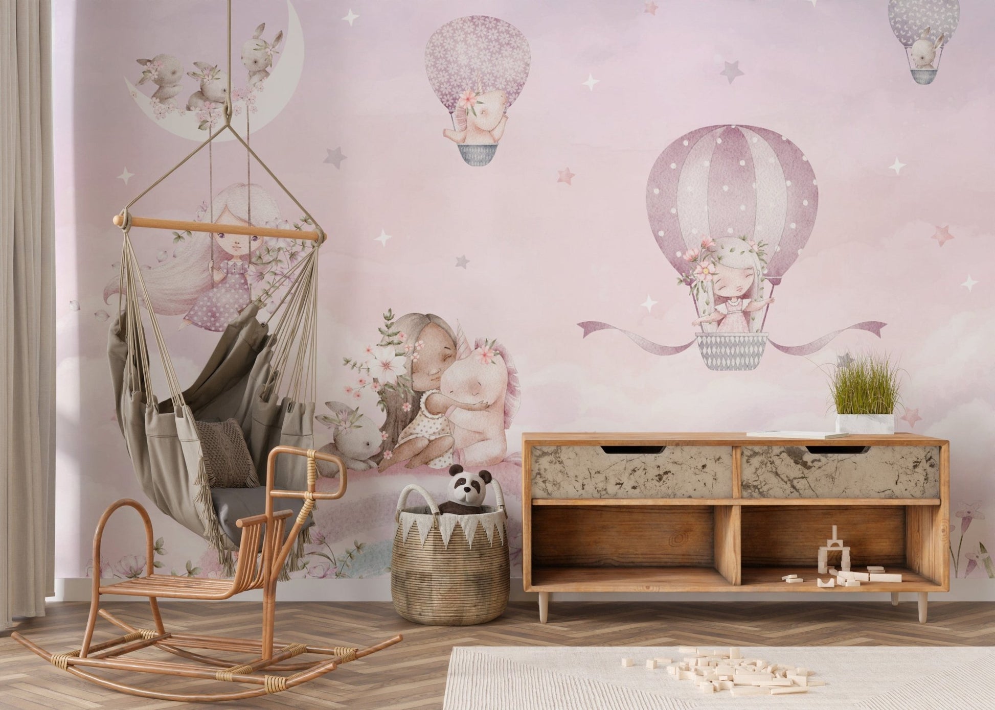 Floating unicorns and balloons wall covering
