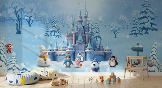 Cute snowman and animals complete this winter castle wall mural
