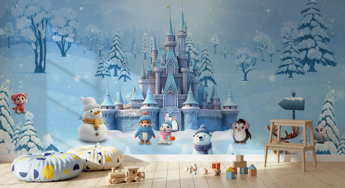 Cute snowman and animals complete this winter castle wall mural, GD9002