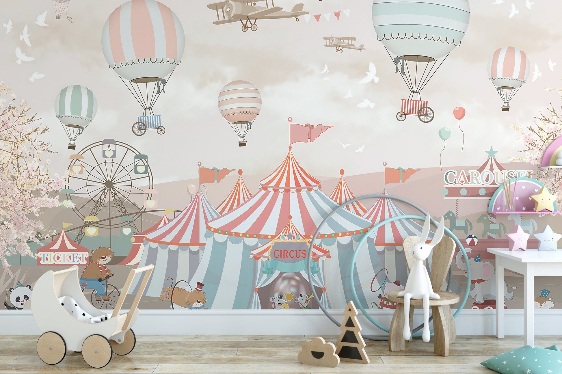 Artistic pink circus kids wallpaper design

