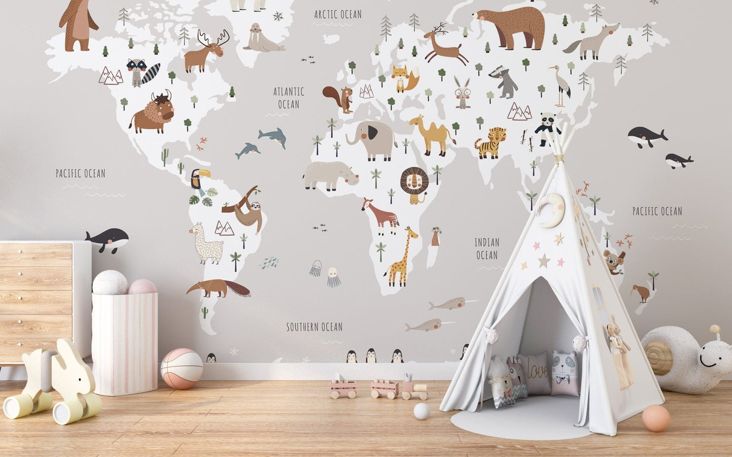 Child-friendly gray animal map for walls, MM03