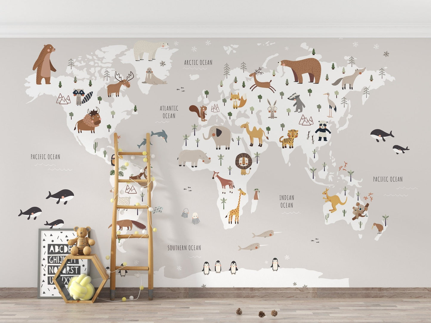 Playful world map mural for kids' decor, MM03