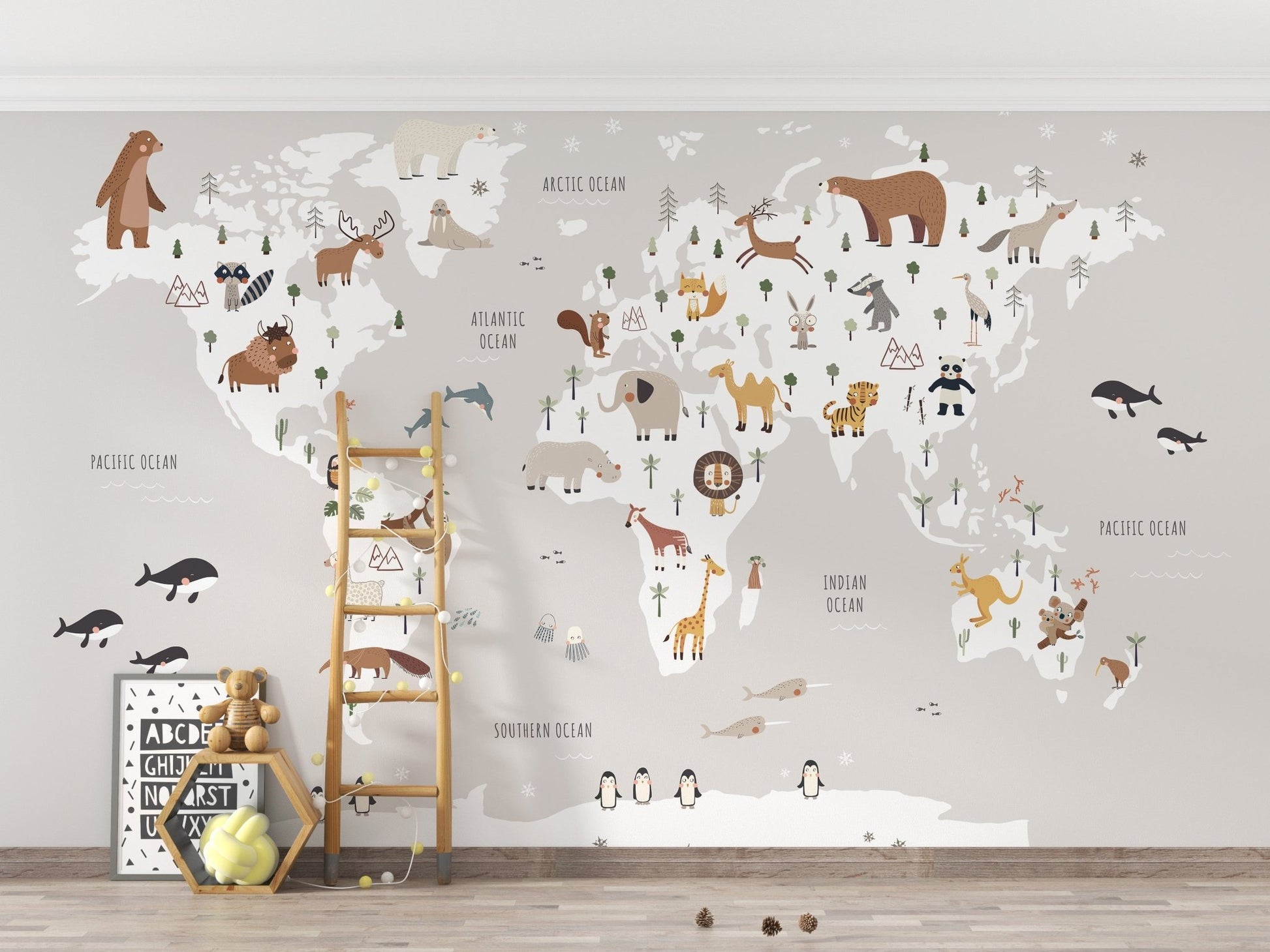 Playful world map mural for kids' decor, MM03