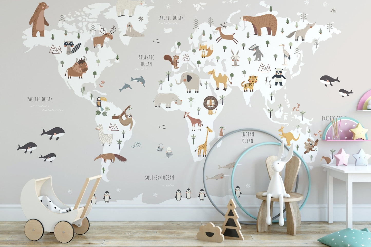 Gray wallpaper with cartoon animals for nurseries, MM03
