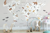 Gray wallpaper with cartoon animals for nurseries, MM03