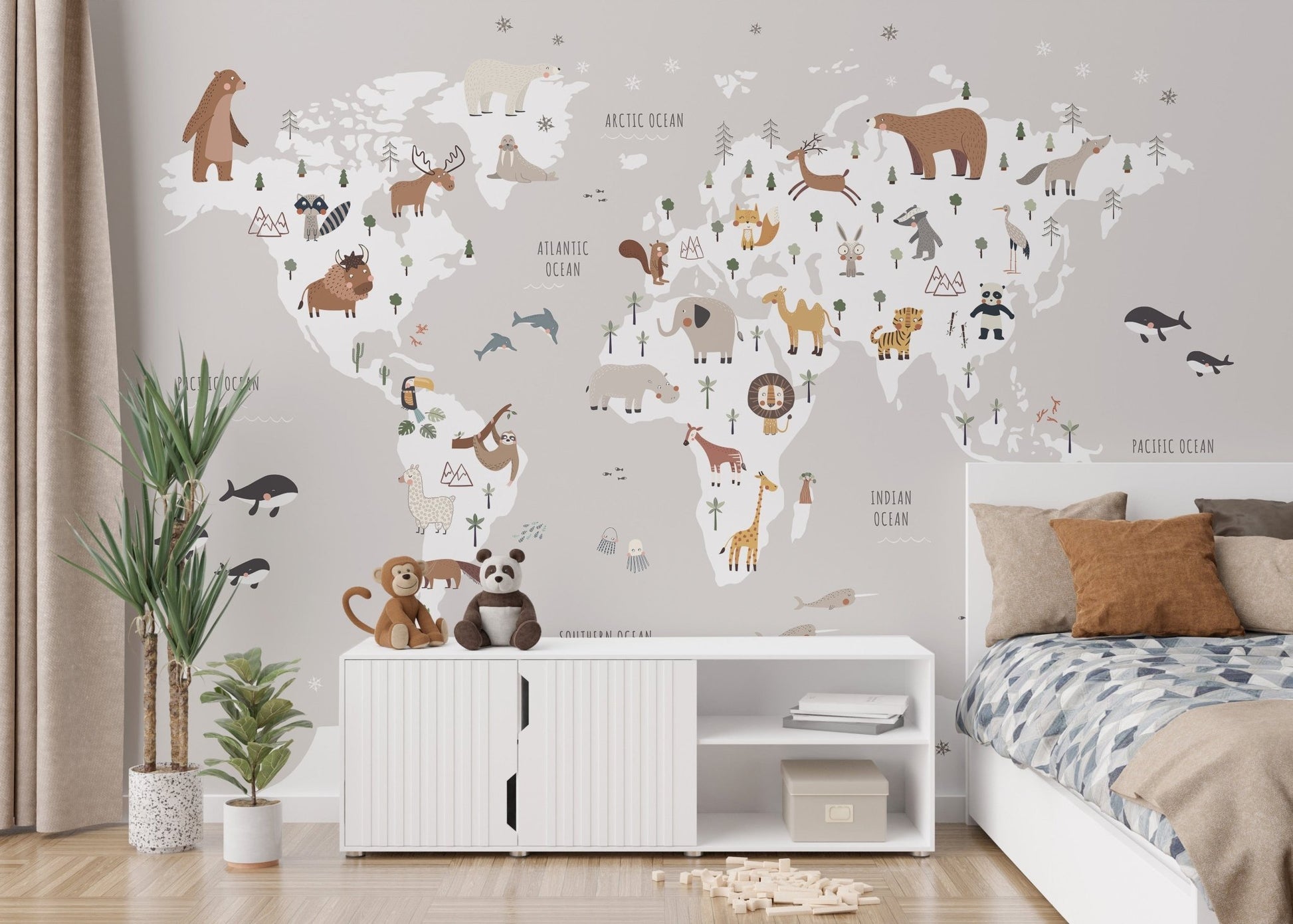 Nursery wall decor with animal map illustrations, MM03