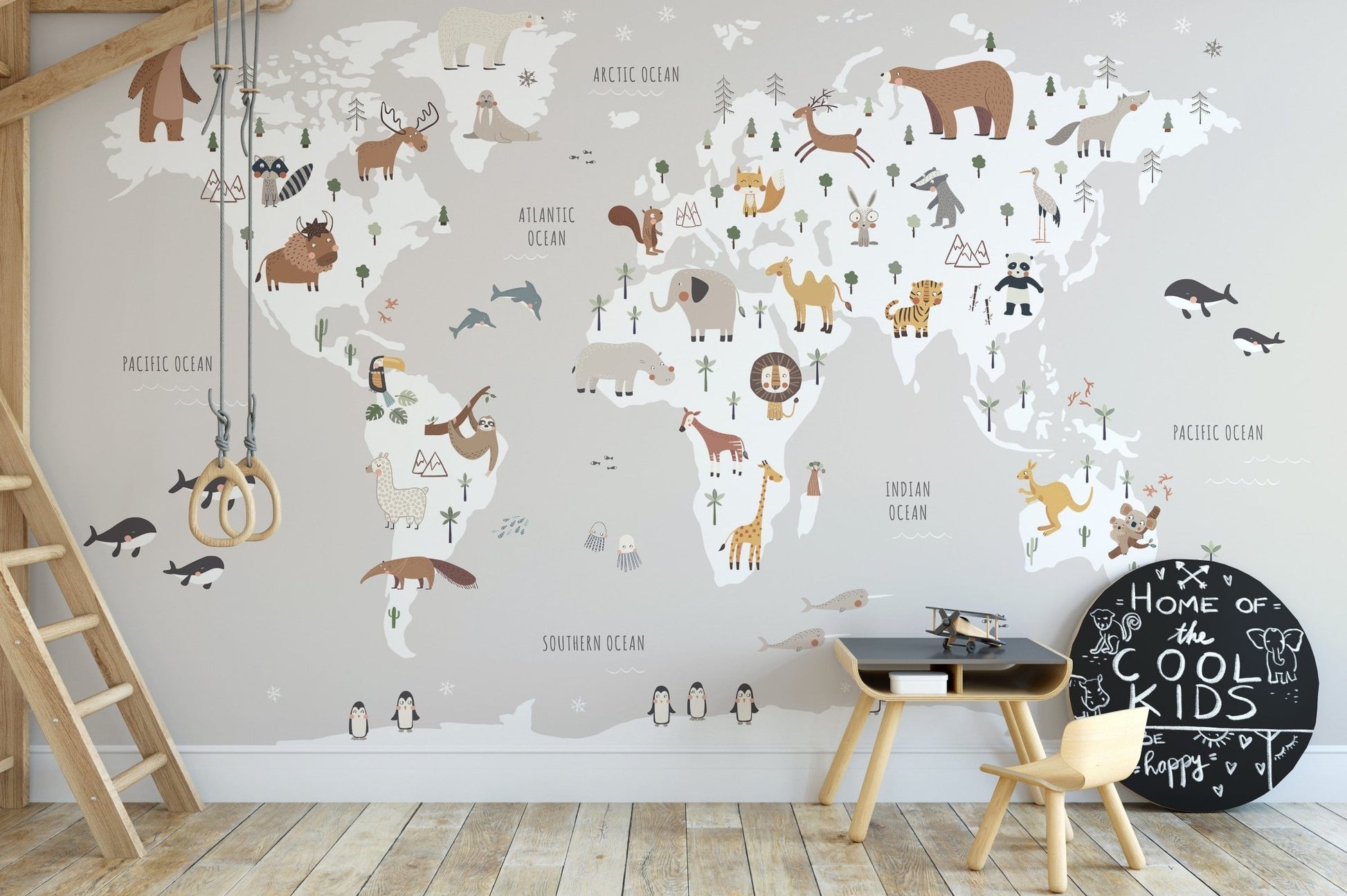 Cute kids wallpaper featuring map and animals, MM03
