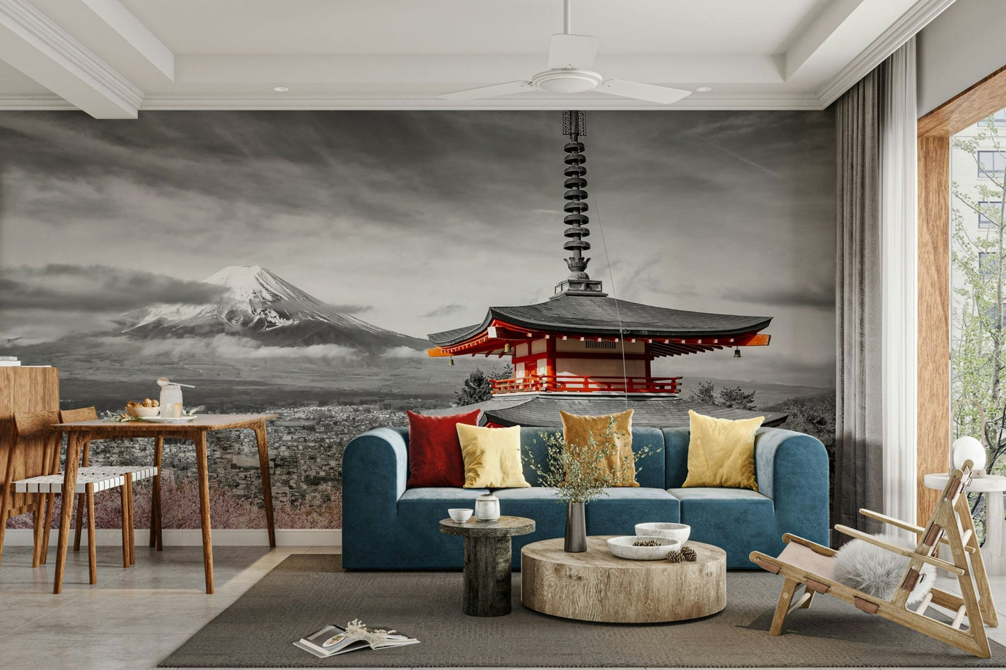 Colorkey mural showing pink blossoms against black-and-white Fuji view., GD1490