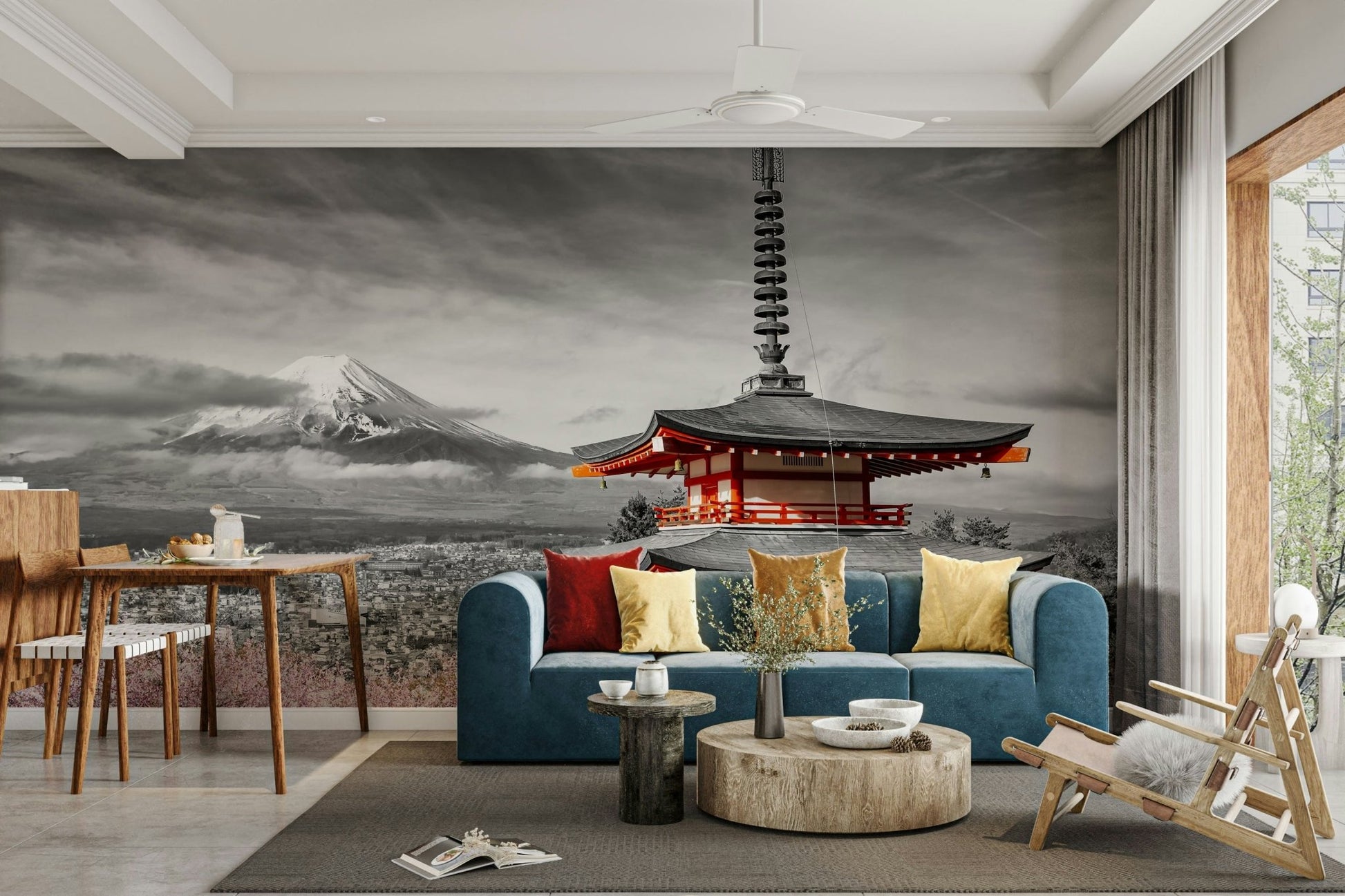 Colorkey mural showing pink blossoms against black-and-white Fuji view., GD1490
