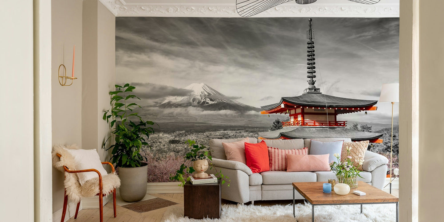 Iconic Japanese mural with color-popped cherry blossoms and Fuji peak., GD1490