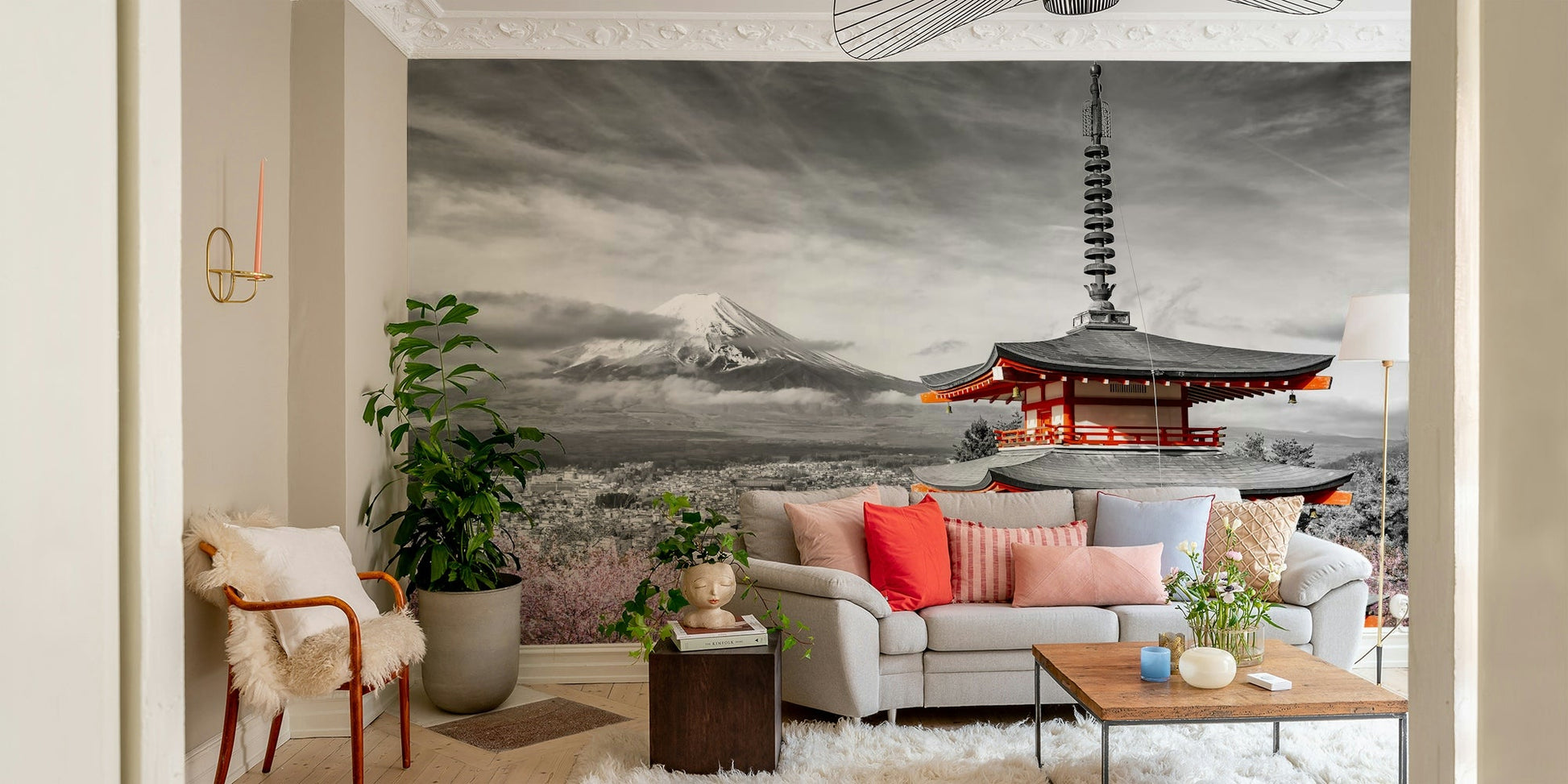 Iconic Japanese mural with color-popped cherry blossoms and Fuji peak., GD1490