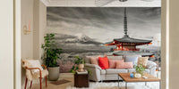 Iconic Japanese mural with color-popped cherry blossoms and Fuji peak., GD1490