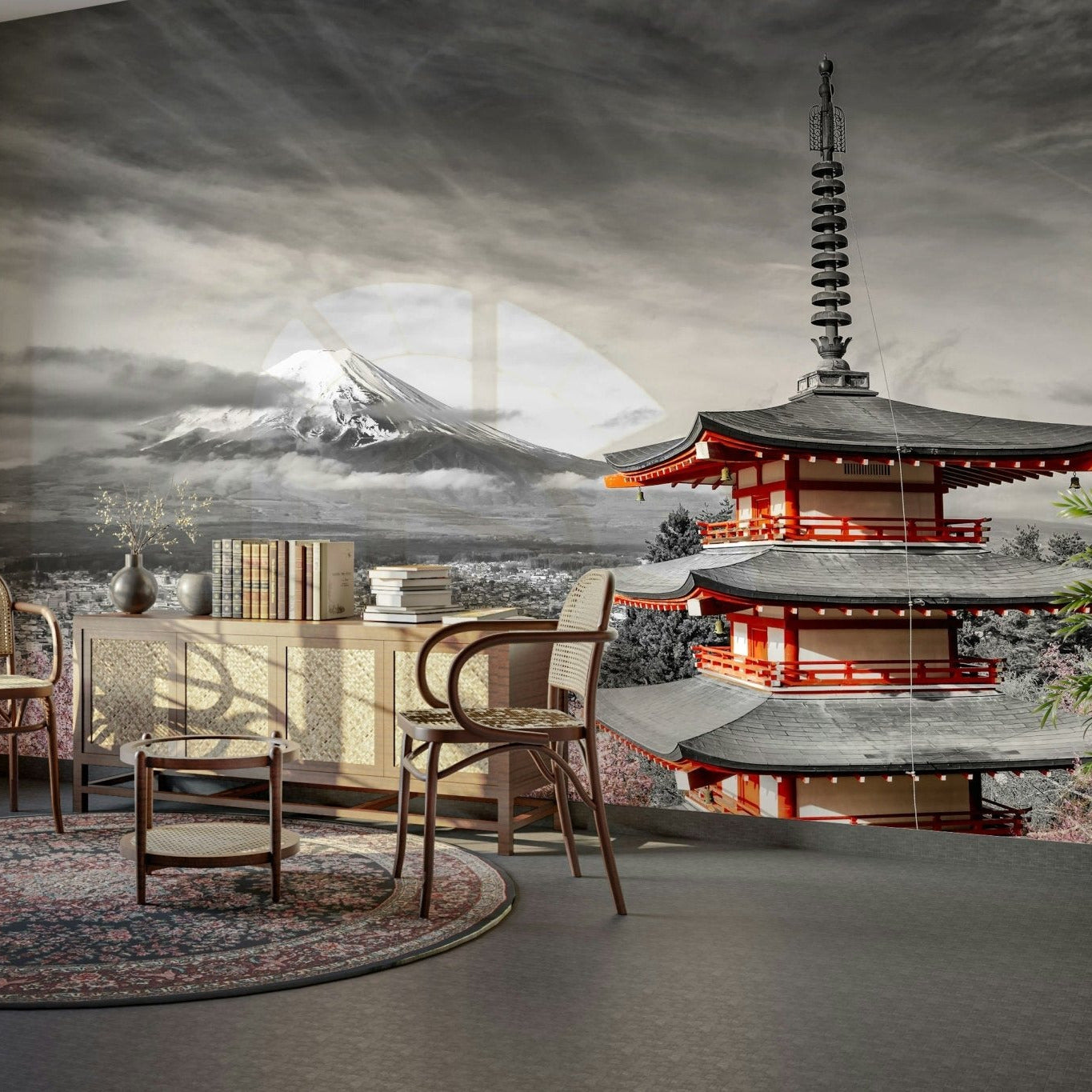Cultural Japan mural of Fuji and pagoda with blooming cherry trees., GD1490