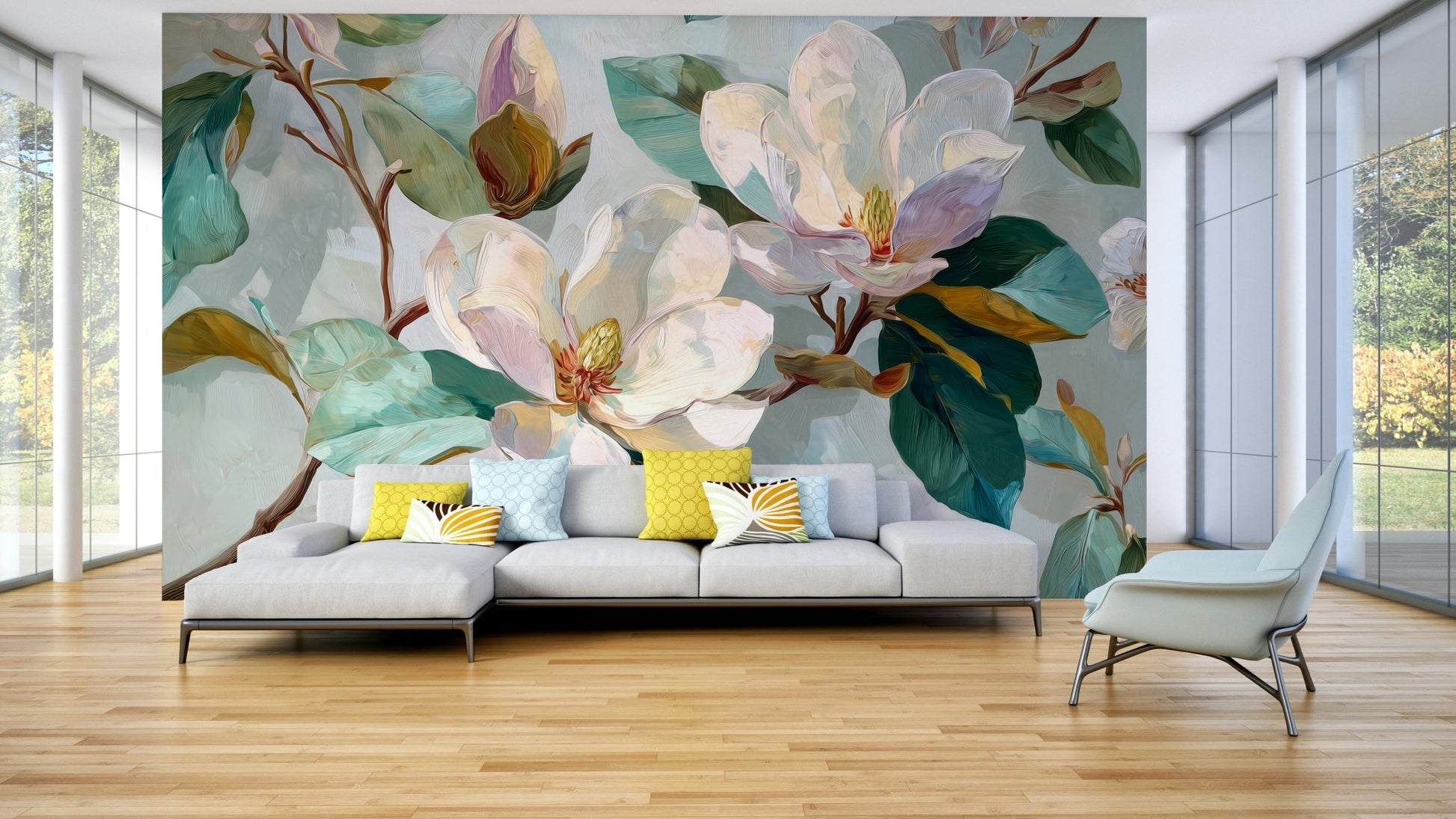 A peaceful wall mural with a magnolia flower design.

