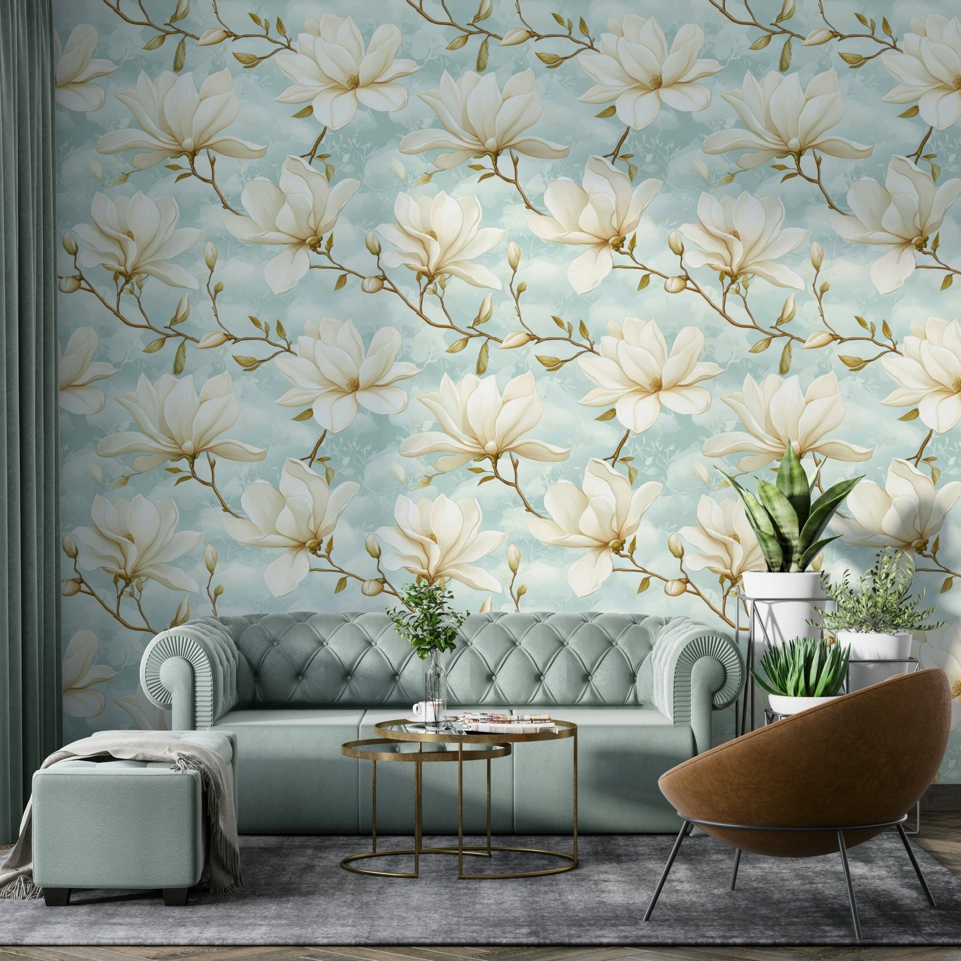 Soft magnolia floral wallpaper for living room walls.