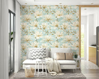 Fresh magnolia wallpaper for a light, airy room.

