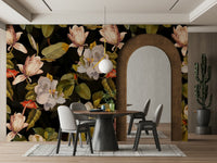 A romantic magnolia garden mural on decorative wallpaper.


