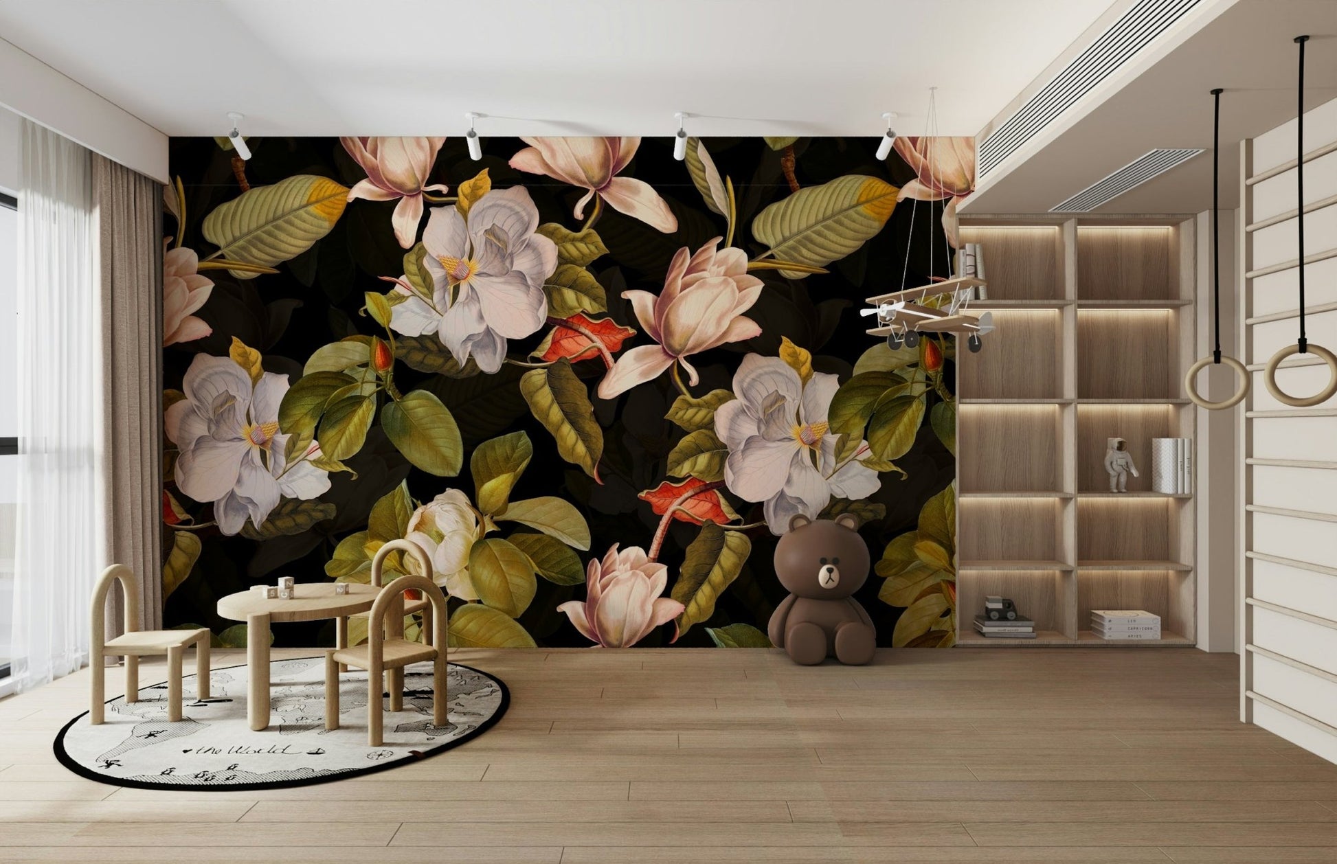 A classic dark floral wallpaper for walls with subtle color.

