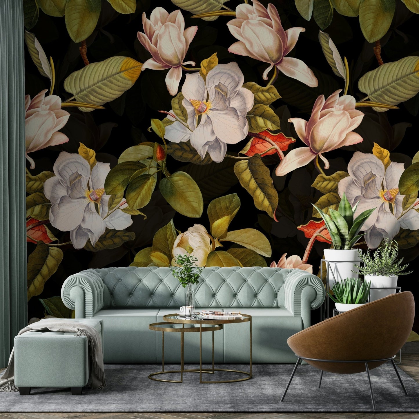 A sophisticated dark floral wallpaper mural for a feature wall.

