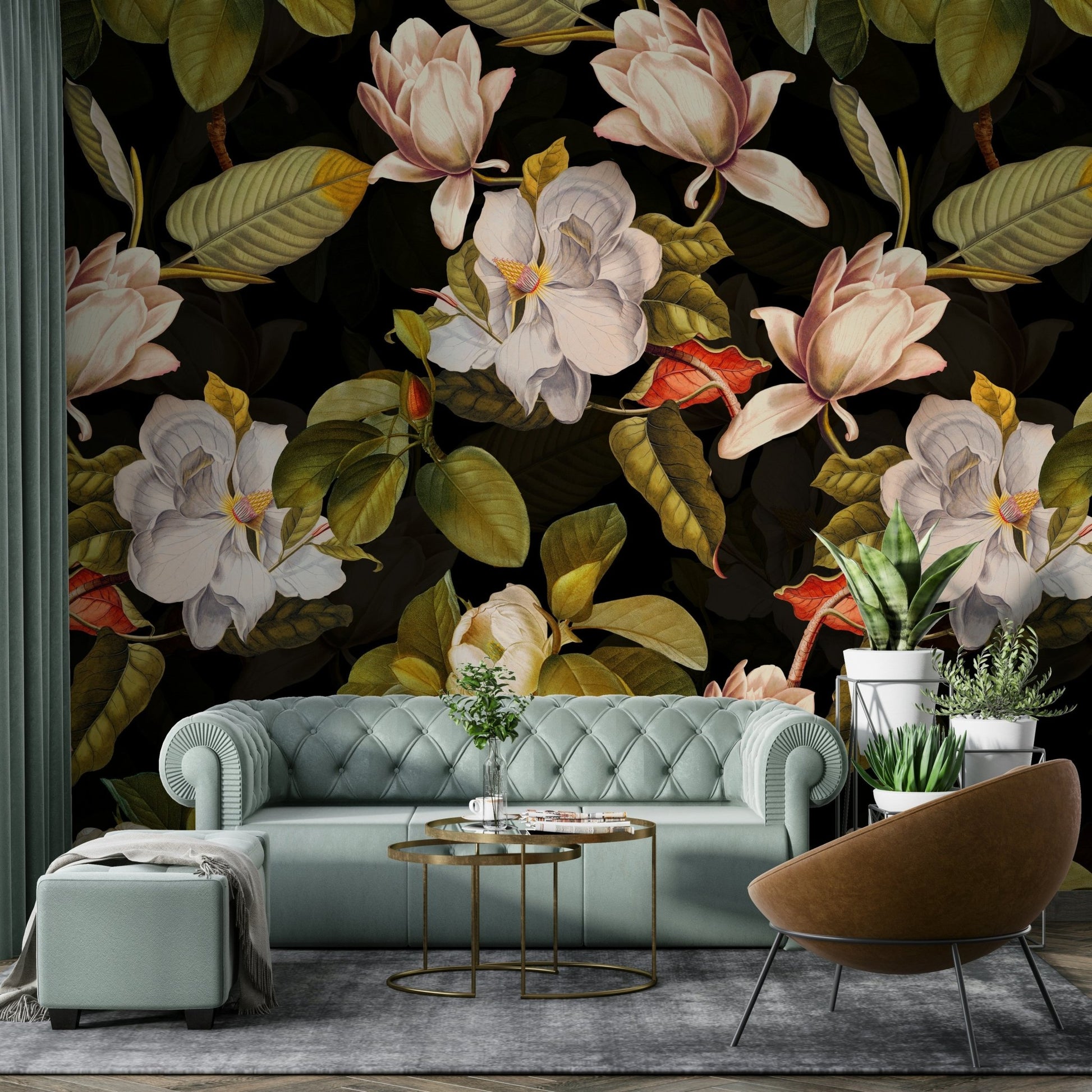 A sophisticated dark floral wallpaper mural for a feature wall.

