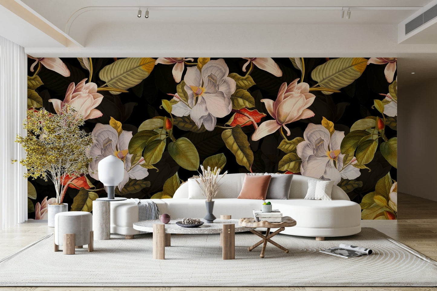 A tasteful black background wall mural of flowers.

