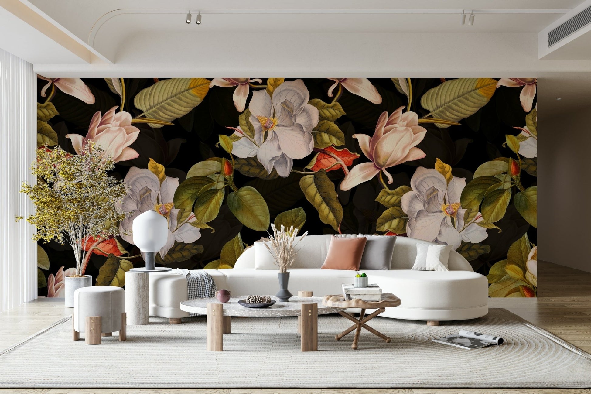A tasteful black background wall mural of flowers.


