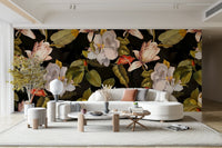 A tasteful black background wall mural of flowers.

