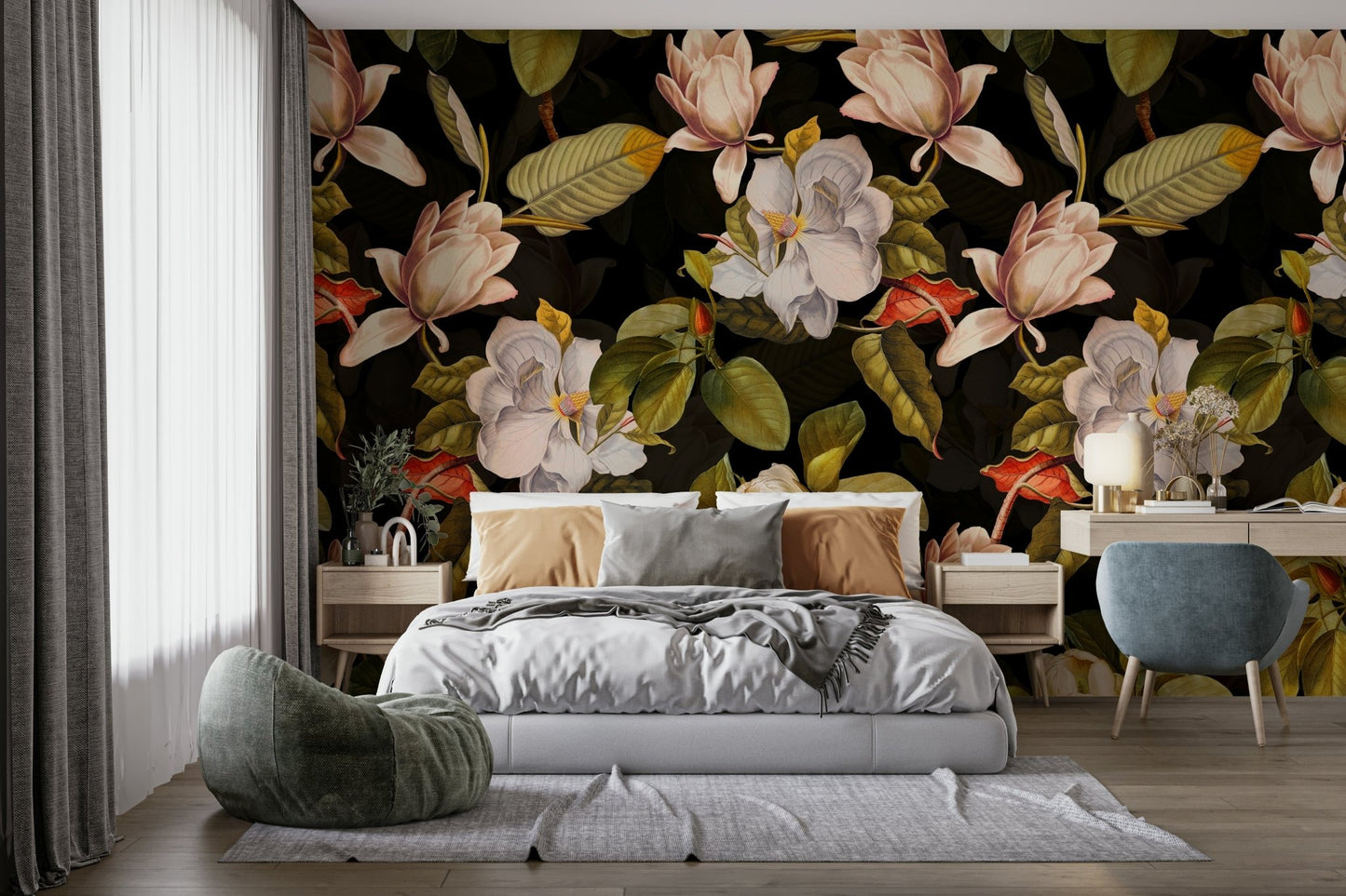 A dramatic magnolia wallpaper mural that defines a space.

