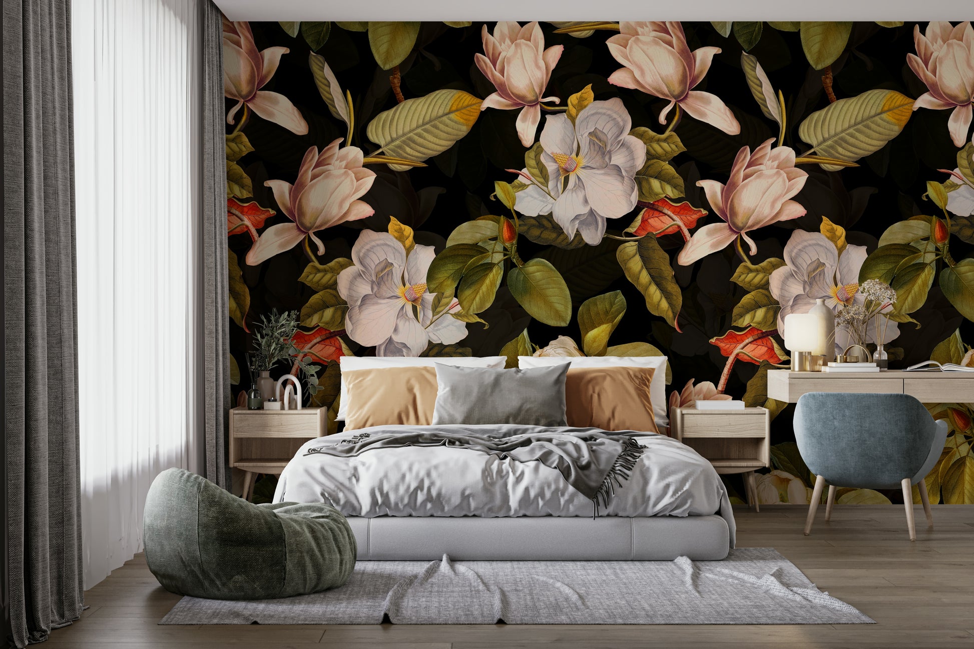 A dramatic magnolia wallpaper mural that defines a space.

