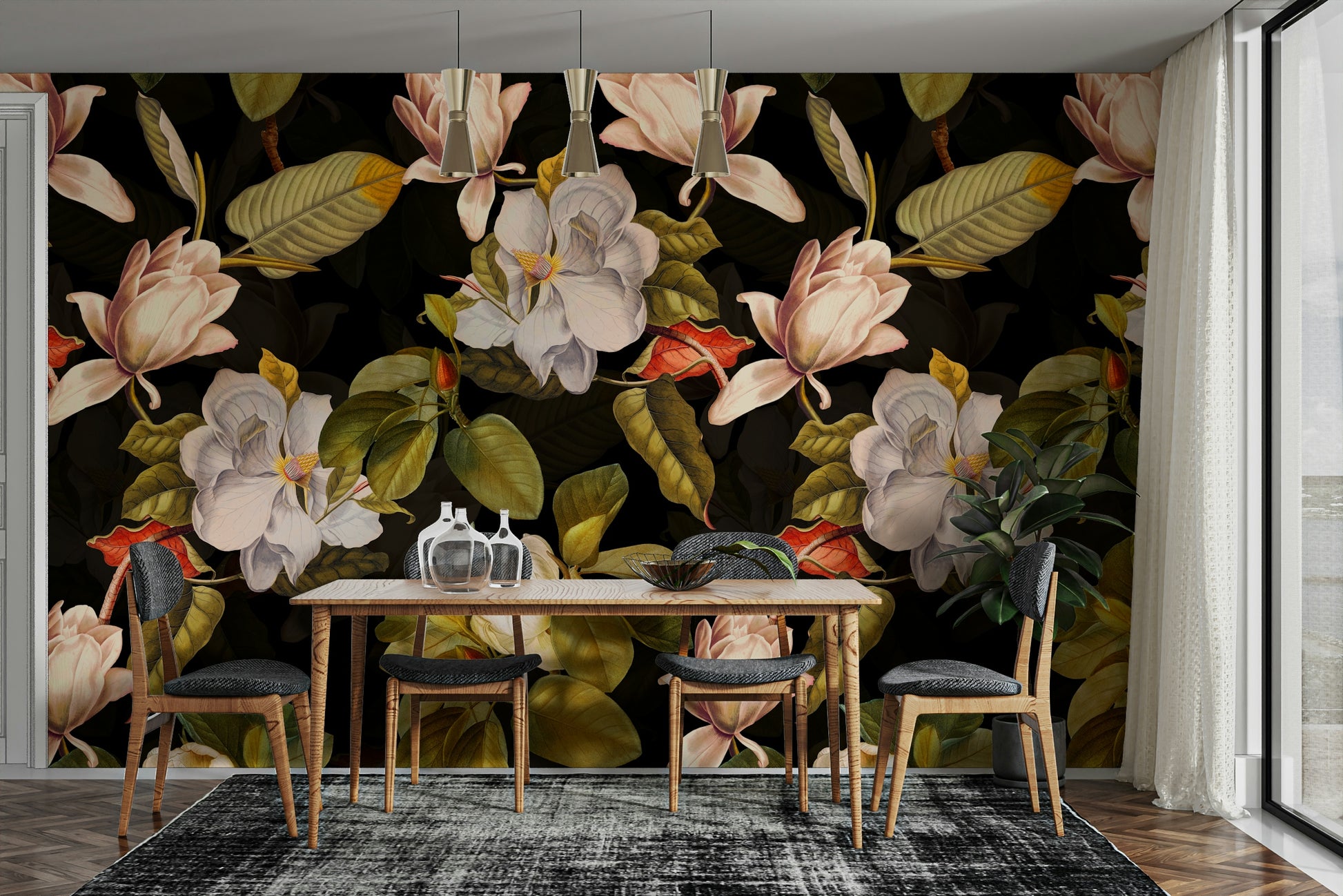A graceful flower wall mural in rich, dark tones.

