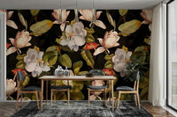 A graceful flower wall mural in rich, dark tones.

