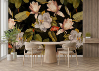 A moody noir garden mural for stylish wallpaper.


