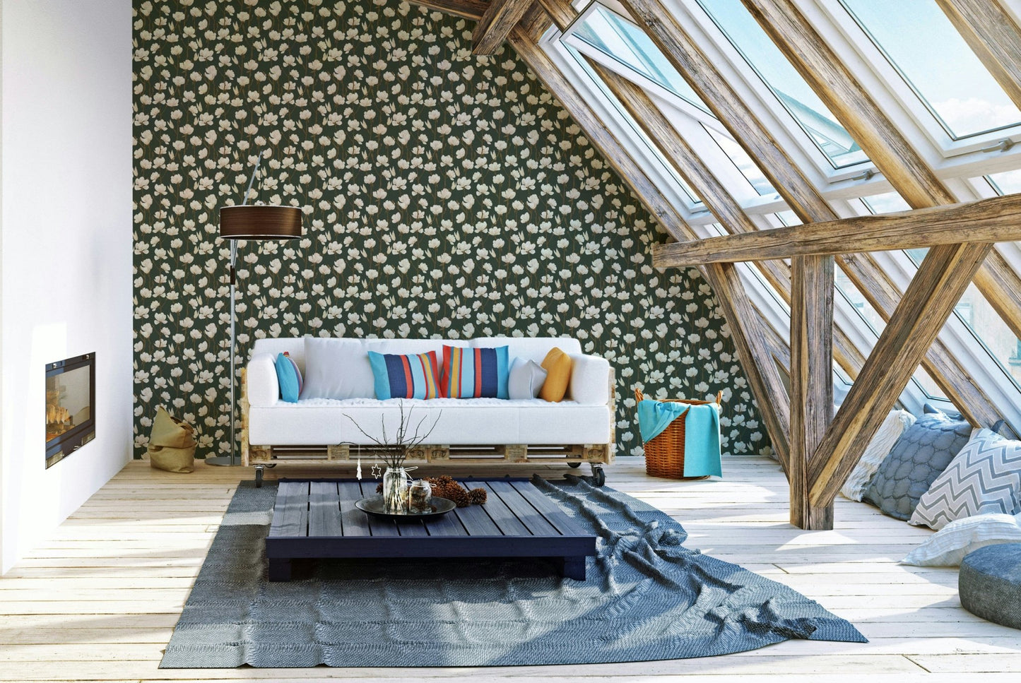 Magnolia Still wallpaper in deep green tone

