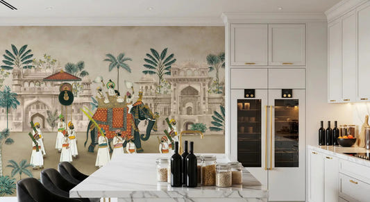 Kitchen wall shows elephant parade mural with maharaja procession scene