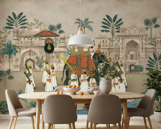 Dining room Maharaja's Elephant Parade Wall Mural with royal palace art