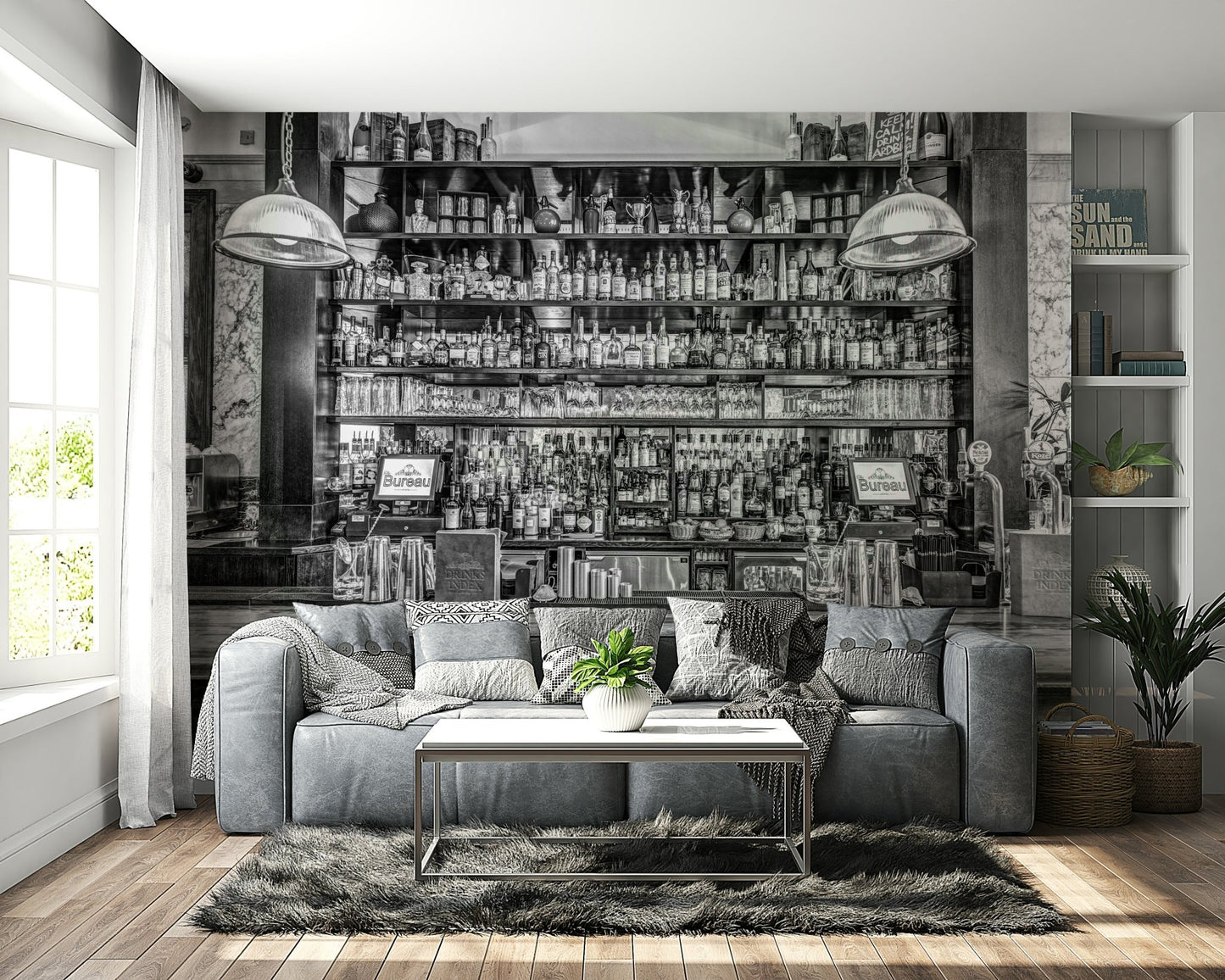 Two large, decorative lamps hang over the bar counter.

