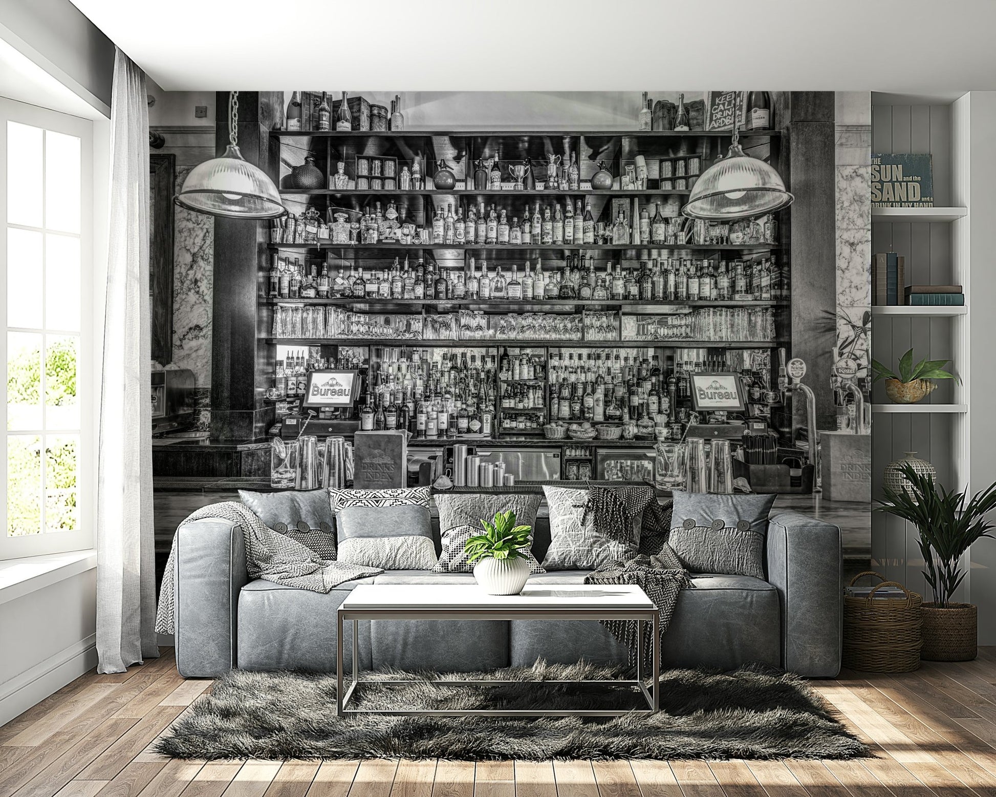 Two large, decorative lamps hang over the bar counter.

