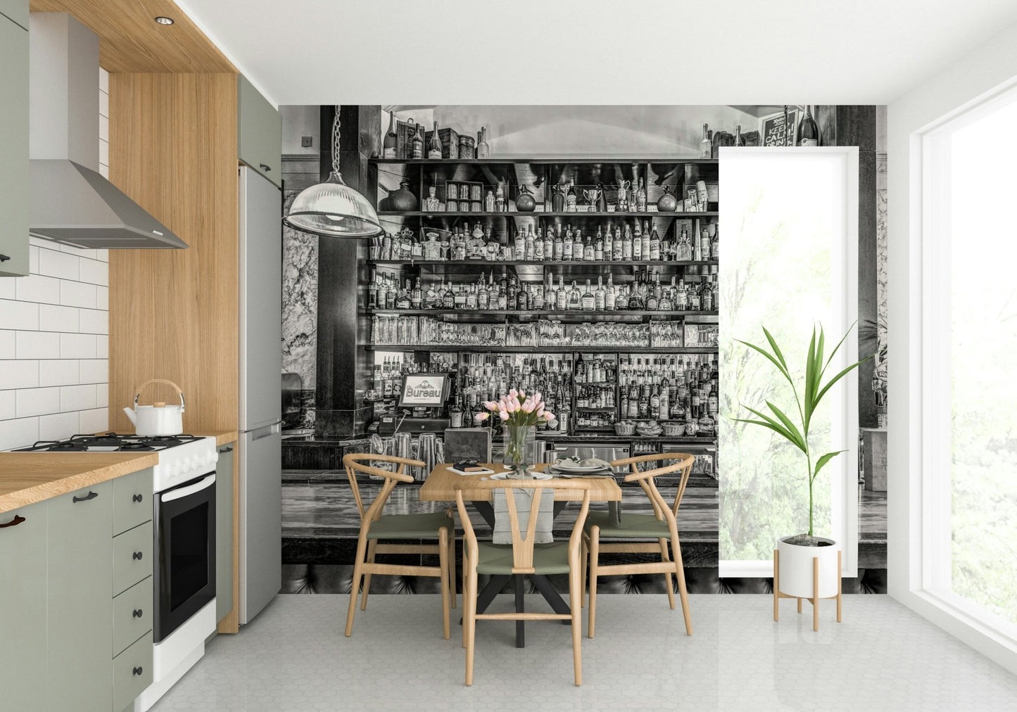 A black and white photograph of an elegant bar.

