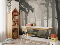 Deer standing in foggy forest mural
