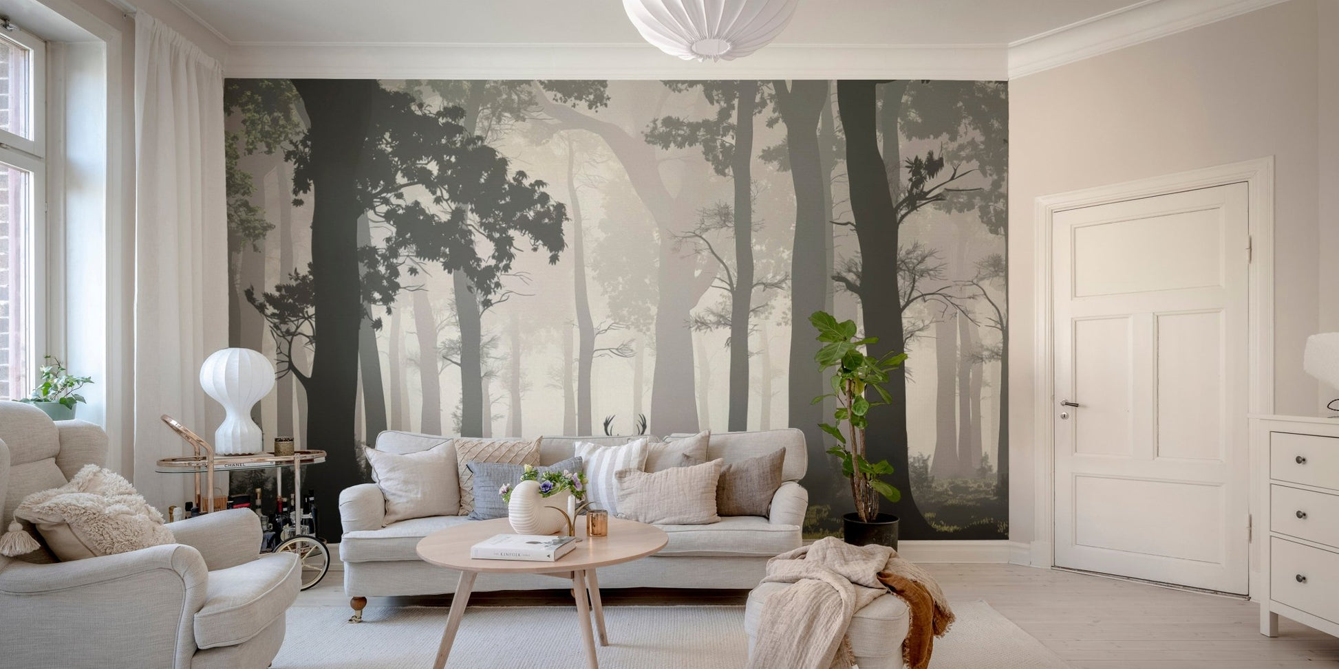 Misty forest wallpaper with stag
