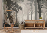 Misty woodland forest wallpaper design
