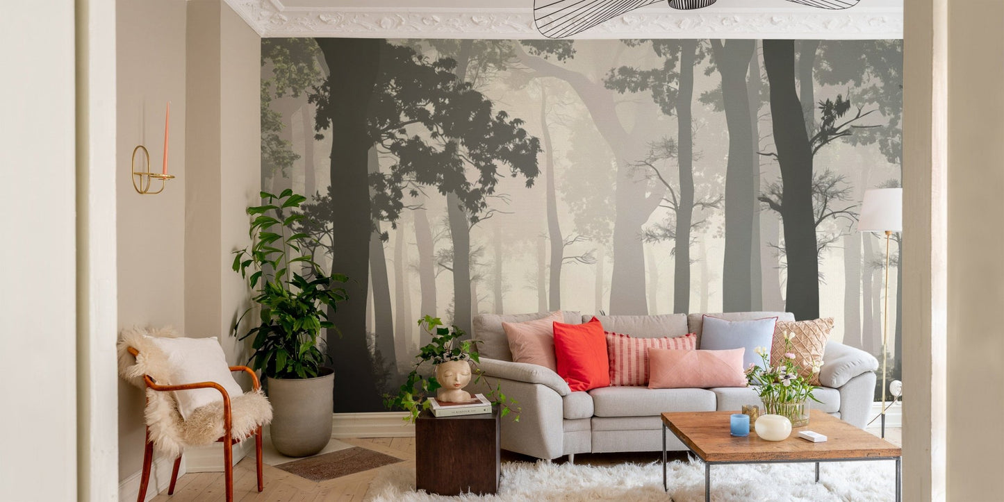 Elegant forest mural with tall trees
