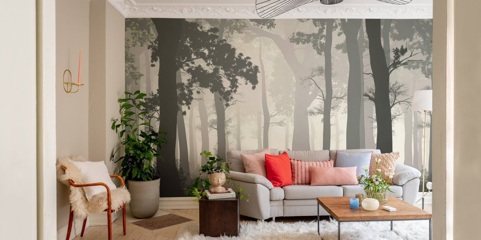 Elegant forest mural with tall trees
