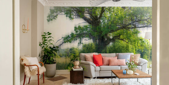 A photo-realistic wall mural of a majestic green tree in a landscape., GD2749