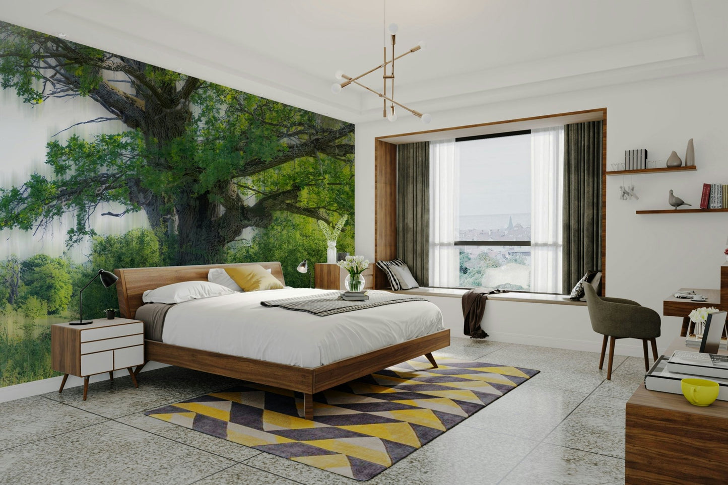 The wallpaper is applied seamlessly, making the view feel realistic.

