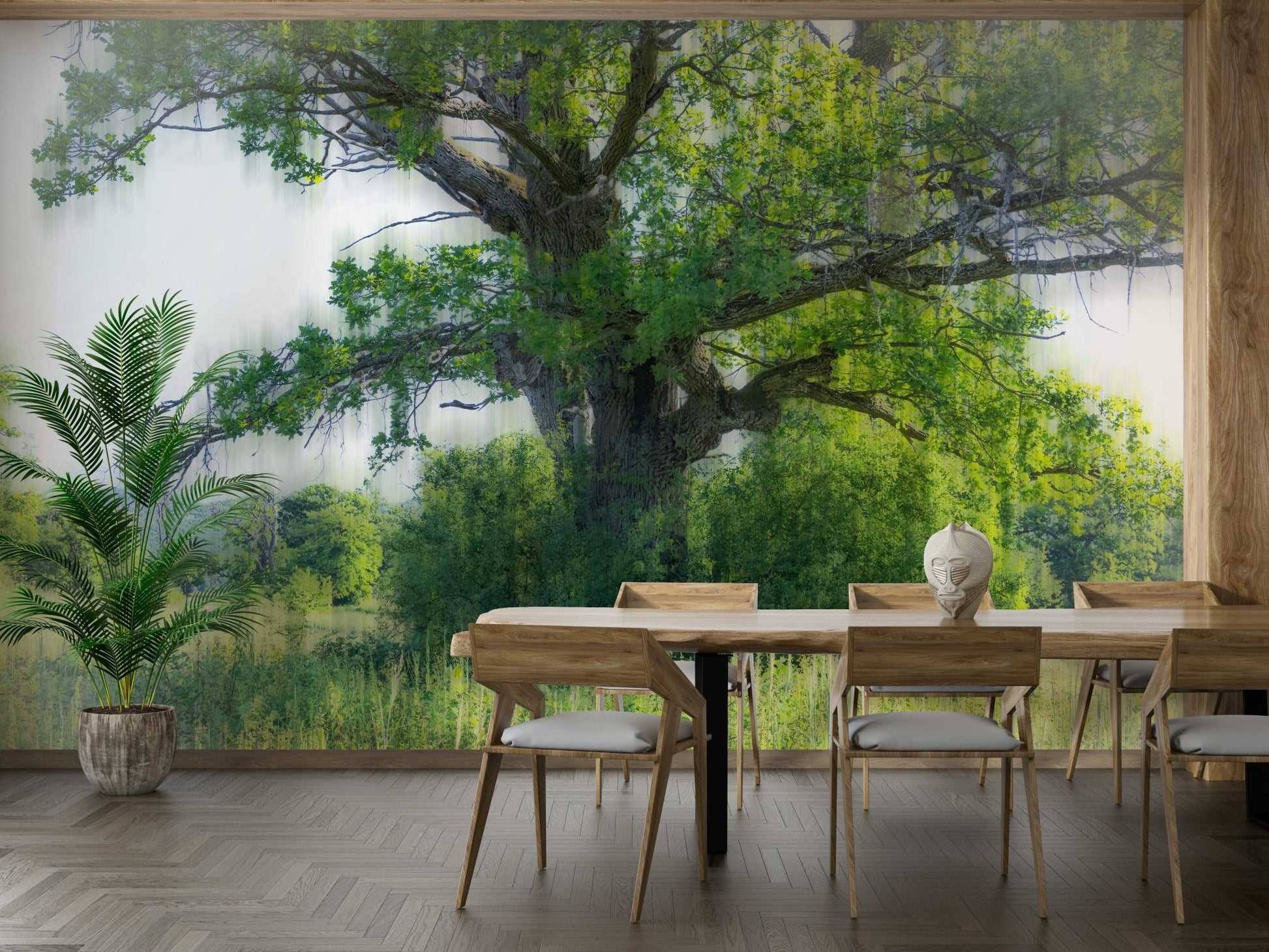 A close-up view of the detailed foliage of the green tree.

