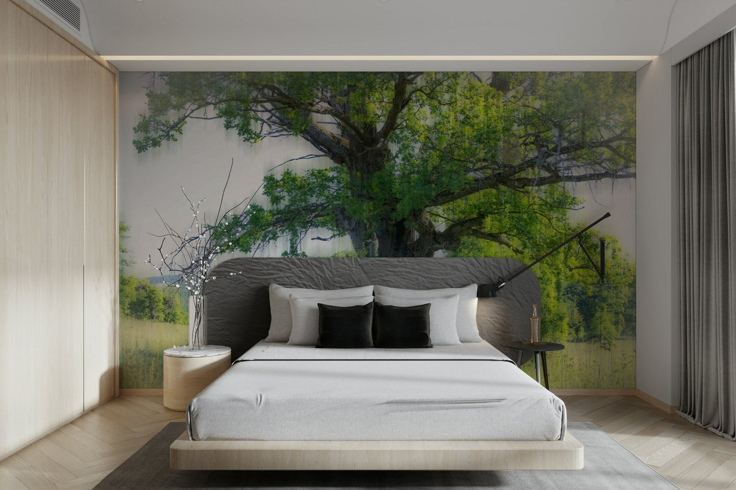 The wall mural is installed on a living room feature wall.

